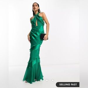 NEVER WORN - Ruffle twisted halterneck maxi dress in sea green